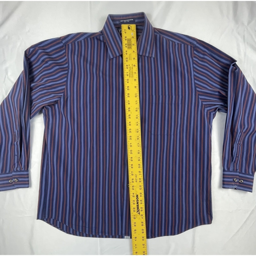 PAUL FREDRICK MENS LARGE BLUE BURGUNDY STRIPED DRESS SHIRT LONG SLEEVE 100% COTT - Picture 2 of 9
